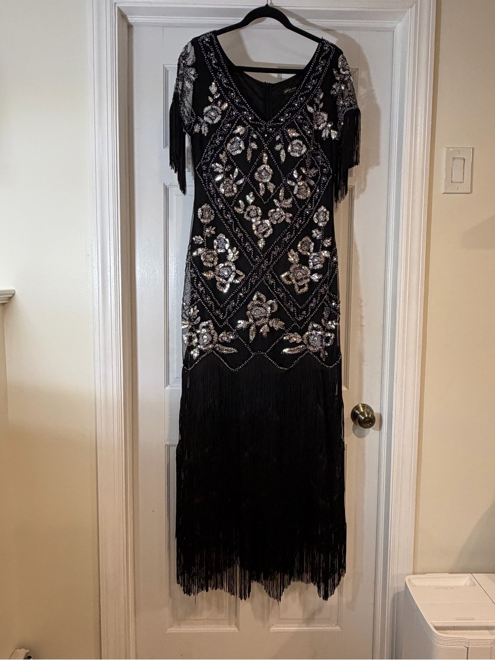 Vintage-Inspired Black Beaded Fringe Maxi Dress
